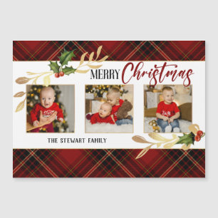 Merry Christmas Gold Leaves 3-Photo Red Tartan 