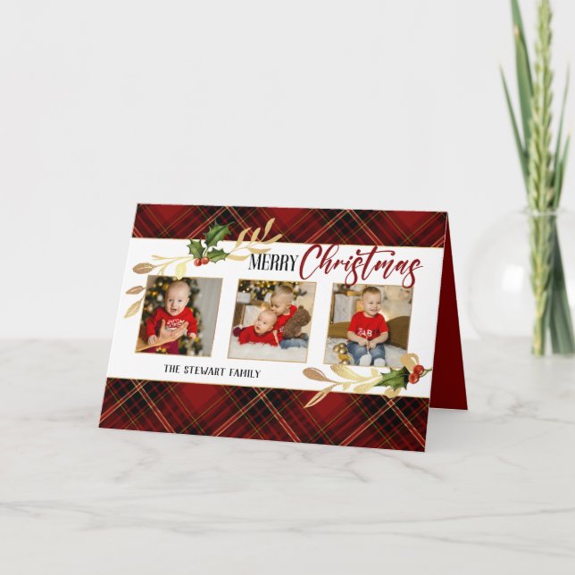 Merry Christmas Gold Leaves 3-Photo Red Tartan  Holiday Card (Front)