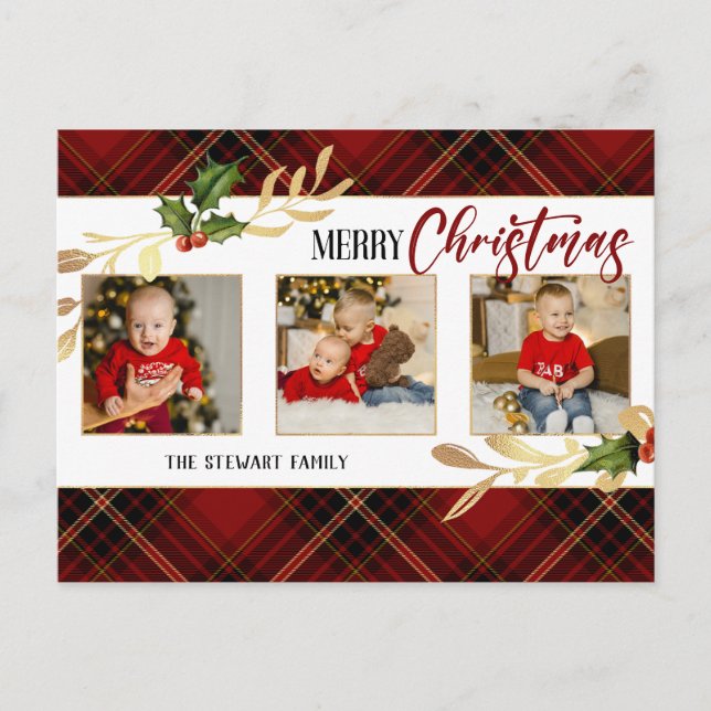 Merry Christmas Gold Leaves 3-Photo Red Tartan  Holiday Postcard (Front)