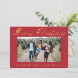 Merry Christmas Gold Leaves Typography Red Photo Holiday Card