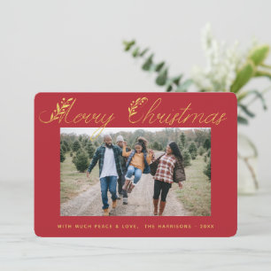 Merry Christmas Gold Leaves Typography Red Photo Holiday Card