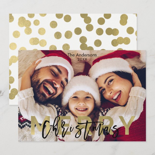MERRY CHRISTMAS Gold Modern Photo Picture Holiday  (Front/Back)