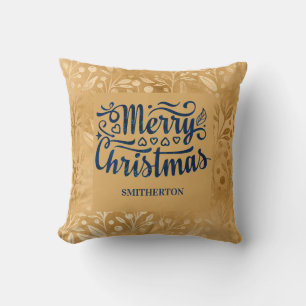 Merry Christmas Gold Navy Blue Brush Script Name Cushion