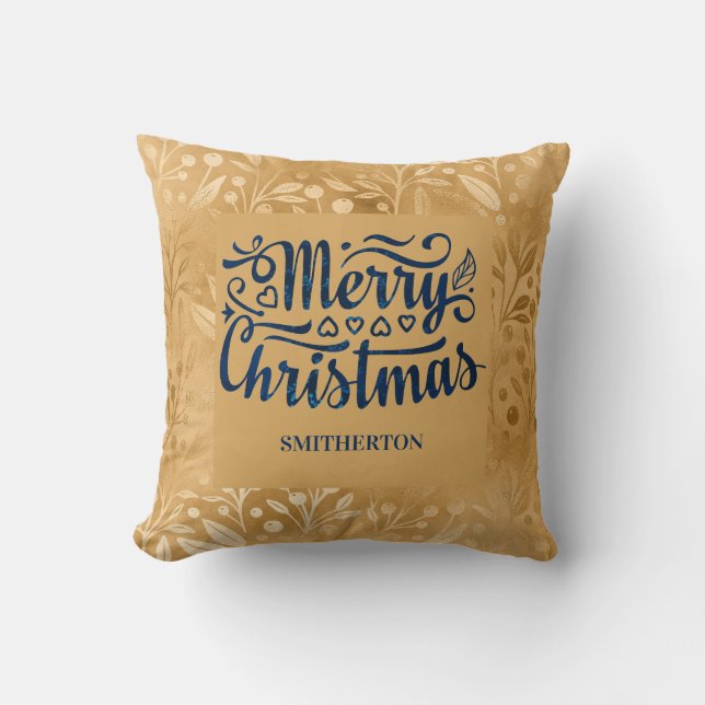 Merry Christmas Gold Navy Blue Brush Script Name Cushion (Front)