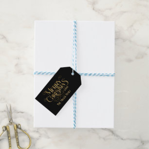 Merry Christmas Gold on Black Retro Typography Gift Tags