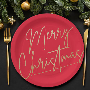 Merry Christmas Gold on Red Paper Plate