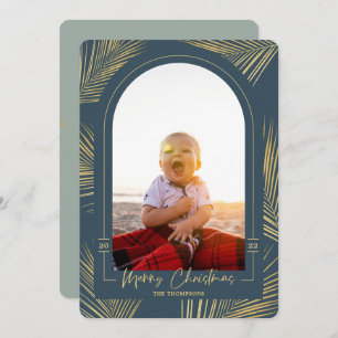 Merry Christmas Gold Palm Blue Beach Photo Holiday Card