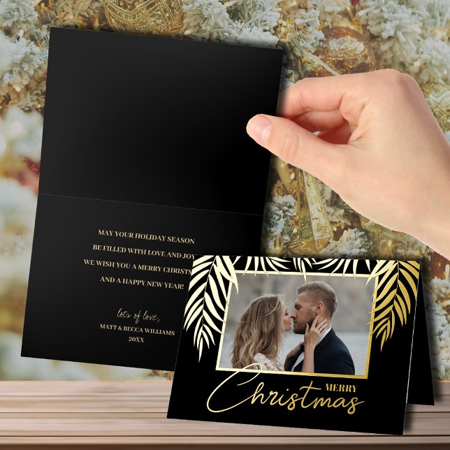 Merry Christmas Gold Palm Folded Foil Holiday Card (Merry Christmas and palm fronds in gold foil, photo on front, greeting inside folded greeting cards)