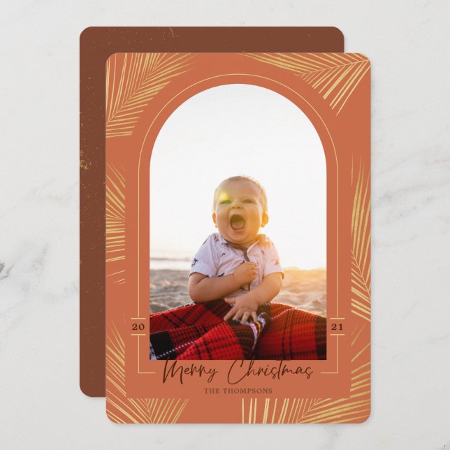 Merry Christmas Gold Palm Rust Beach Photo Holiday Card (Front/Back)