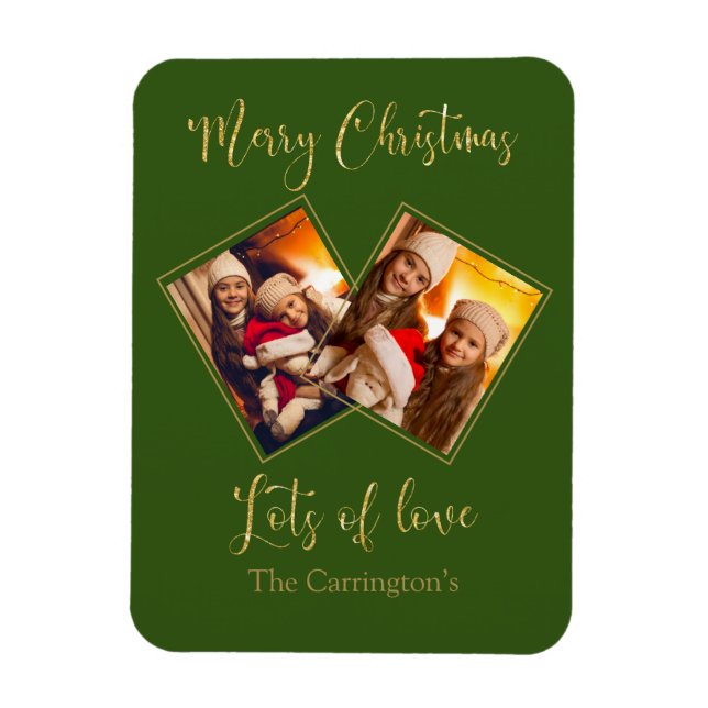 Merry Christmas Gold Photo Name Green Magnet (Vertical)