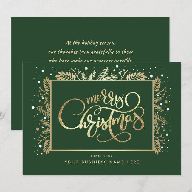 Merry Christmas. Gold Pine Branches Corporate Holiday Card (Front/Back)