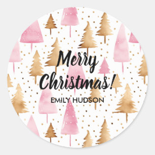 Merry Christmas Gold Pink Tree Classic Round Sticker