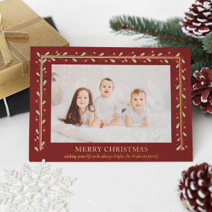 Merry Christmas Gold Rectangular Red Green Leaves Foil Holiday Card