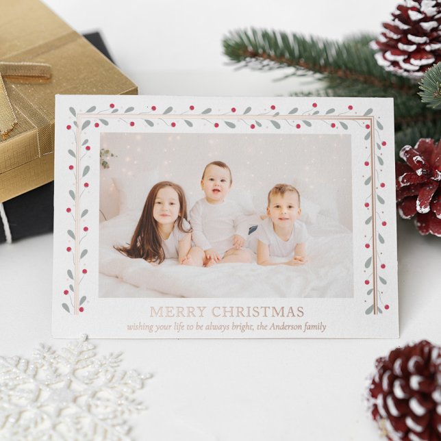 Merry Christmas Gold Rectangular Red Green Leaves Foil Holiday Card (Creator Uploaded)