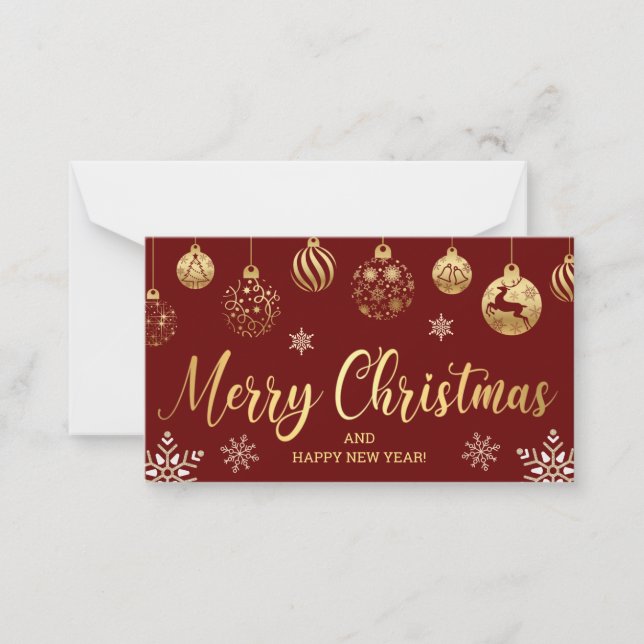 merry christmas gold red ornaments snowflakes  card (Front)
