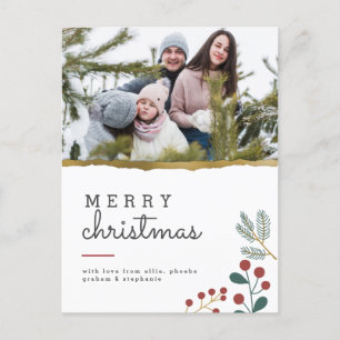 Merry Christmas Gold Rip & Festive Sprigs Photo Holiday Postcard