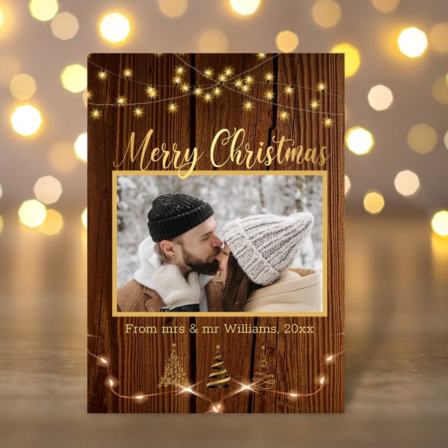merry christmas gold rustic wood holiday photo card (Creator Uploaded)