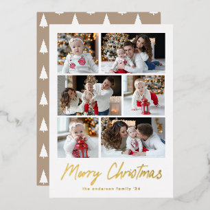 Merry Christmas Gold Script 6 Photo Collage Foil Holiday Card