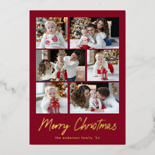 Merry Christmas Gold Script 6 Photo Collage Foil Holiday Card