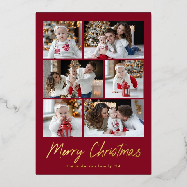 Merry Christmas Gold Script 6 Photo Collage Foil Holiday Card (Front)