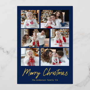 Merry Christmas Gold Script 6 Photo Collage Foil Holiday Card