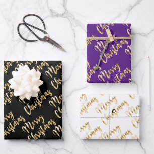 Merry Christmas gold script black white purple Wrapping Paper Sheet