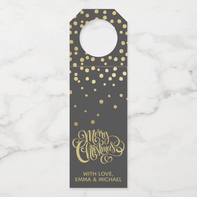 Merry Christmas - Gold Script & Confetti  Bottle Tag (Back)