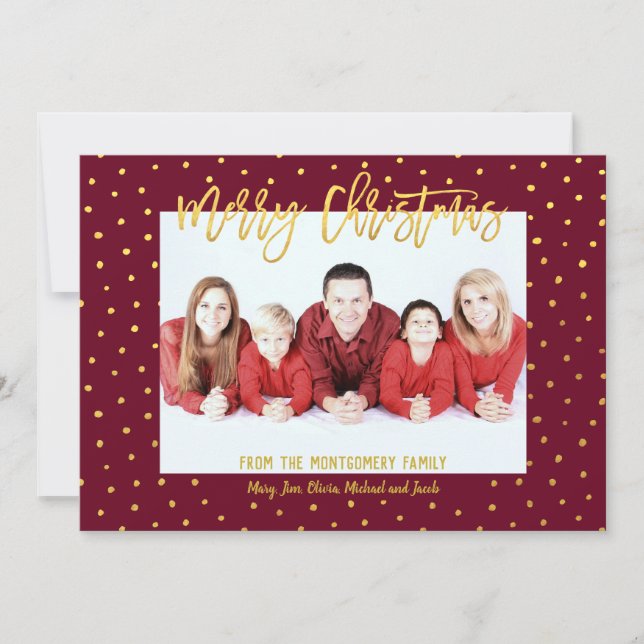 Merry Christmas Gold Script Dot Personalised Photo Holiday Card (Front)