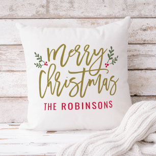 Merry Christmas Gold Script Family Name White Cushion