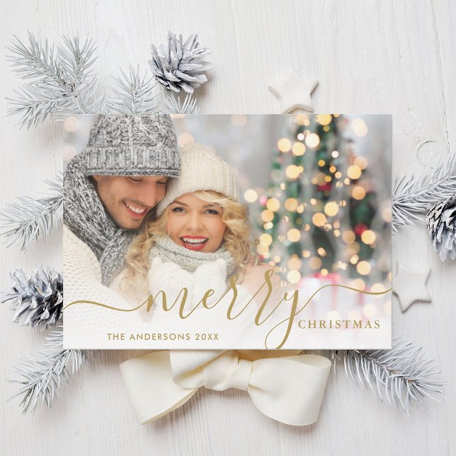 Merry Christmas Gold Script Holiday Photo Card (Creator Uploaded)