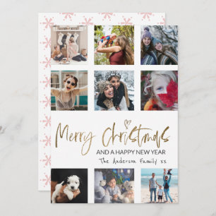 Merry Christmas Gold Script Photo Collage White Holiday Card