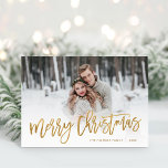 Merry Christmas Gold Script Photo Overlay Holiday Card<br><div class="desc">Affordable custom printed Christmas photo cards with simple templates for customization. This stylish modern design features faux gold foil script Merry Christmas typography overlaid on your full bleed photo. Personalize it with your photos, family name, the year or other custom text. Please note that the faux gold foil is part...</div>