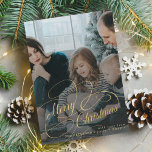 Merry Christmas gold script photo overlay Holiday Card<br><div class="desc">Elegant faux gold script family photo overlay name and text personalised Christmas holiday card.</div>