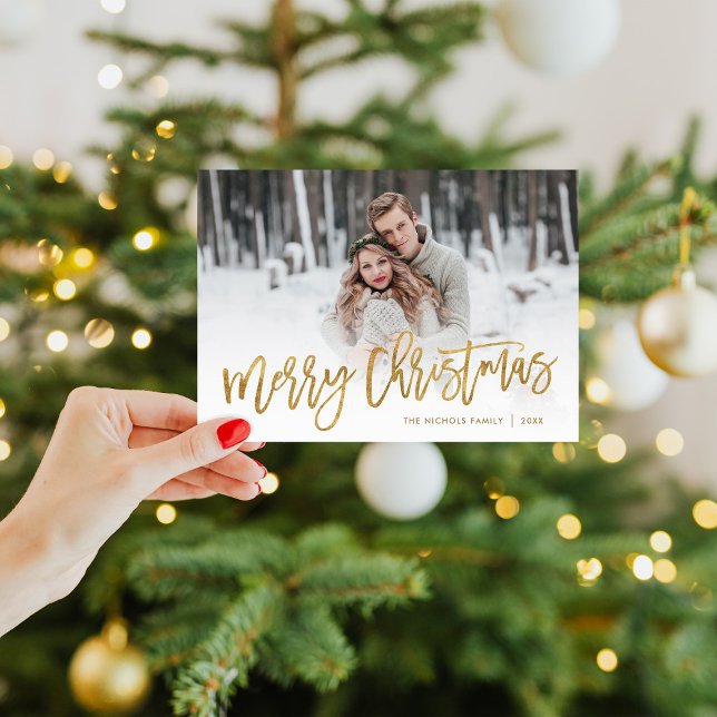 Merry Christmas Gold Script Photo Overlay Holiday Card (Creator Uploaded)