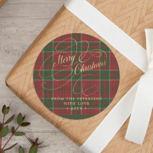 Merry Christmas gold script plaid personalised Classic Round Sticker