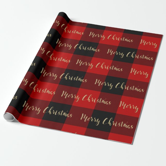 Merry Christmas Gold Script Red Buffalo Plaid Wrapping Paper (Unrolled)