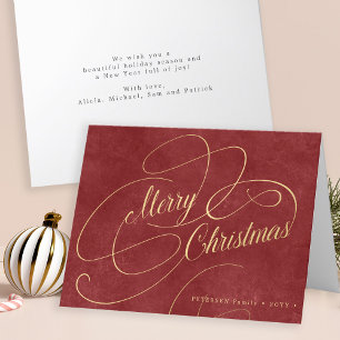 Merry Christmas gold script red elegant non-photo Holiday Card
