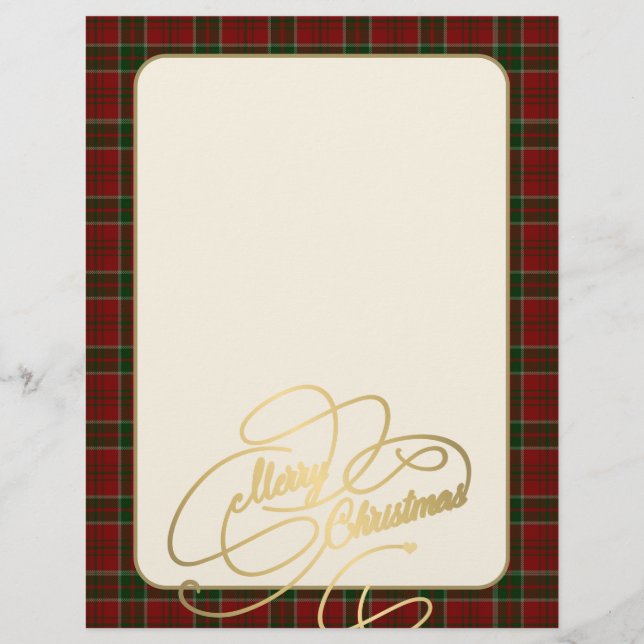 Merry Christmas gold script red green plaid frame Custom Letterhead (Front)
