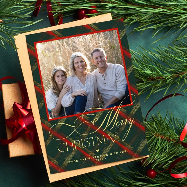 Merry Christmas gold script red green plaid photo Holiday Card (Creator Uploaded)