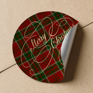 Merry Christmas gold script red green plaid tartan Classic Round Sticker