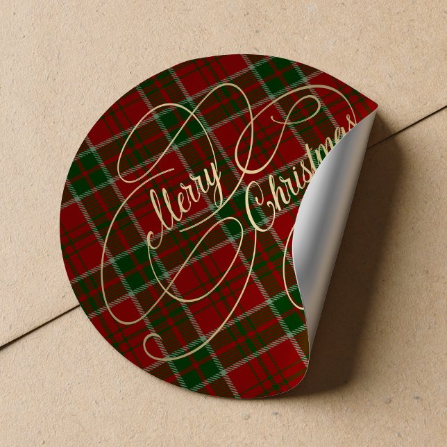 Merry Christmas gold script red green plaid tartan Classic Round Sticker (Creator Uploaded)