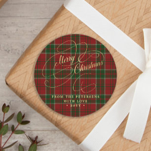 Merry Christmas gold script red green plaid tartan Classic Round Sticker