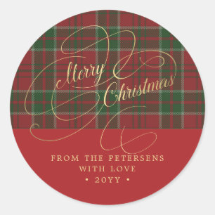 Merry Christmas gold script rustic red green plaid Classic Round Sticker