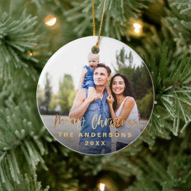 Merry Christmas Gold script Stars photo Ceramic Ornament (Tree)