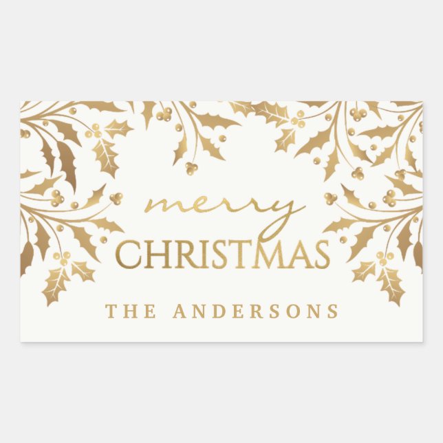 Merry Christmas Gold Shimmer Holly Branches Rectangular Sticker (Front)