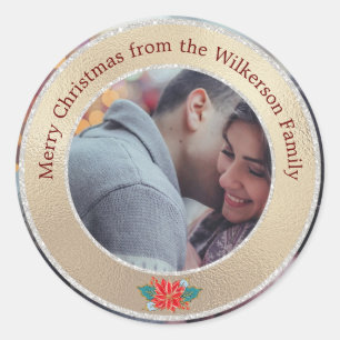 Merry Christmas Gold & Silver Custom Photo Classic Round Sticker