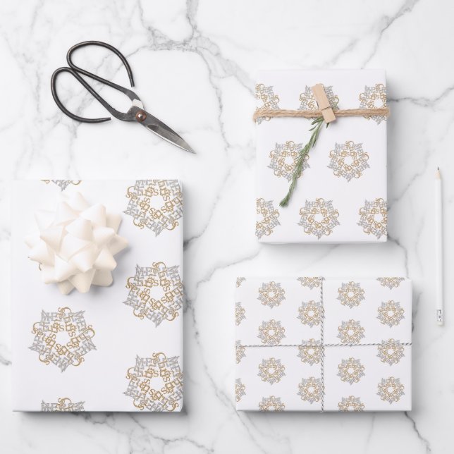 Merry Christmas Gold & Silver Star, White Wrapping Paper Sheet (Front)