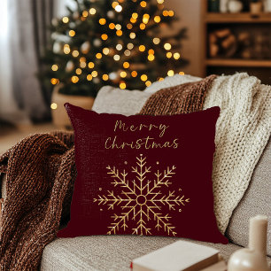 Merry Christmas / Gold Snowflake Burgundy Cushion