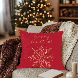 Merry Christmas / Gold Snowflake Christmas Red Cushion