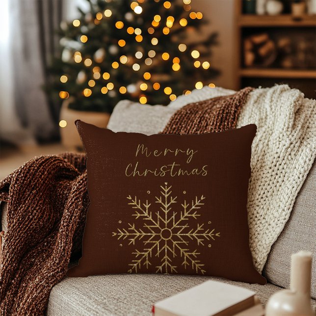 Merry Christmas / Gold Snowflake Terracotta Dark Cushion (Merry Christmas / Gold Snowflake Terracotta Dark Throw Pillow)